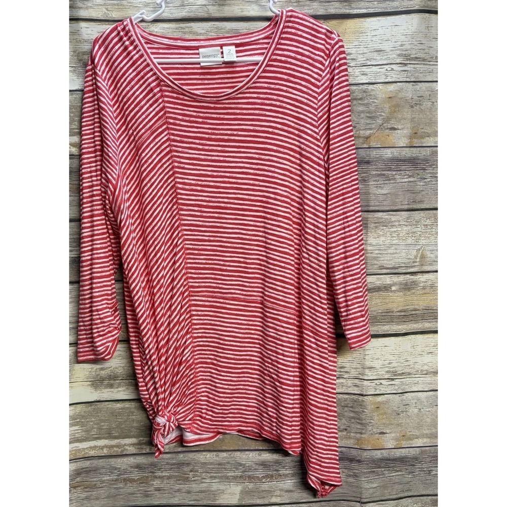 Chicos Top Zenergy Women's 2 Red White Stripe 3/4 Sleeve Rayon Spandex Nautical
